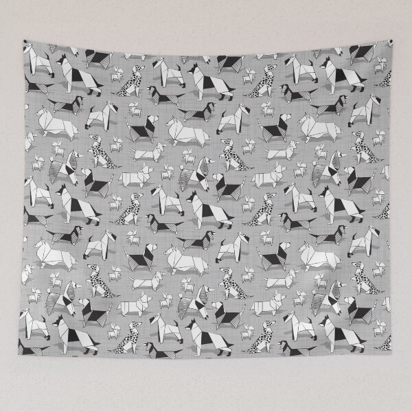 Item preview, Origami doggie friends // grey linen texture background coloring paper Chihuahuas Dachshunds Corgis Beagles German Shepherds Collies Poodles Terriers Dalmatians designed and sold by SelmaCardoso.