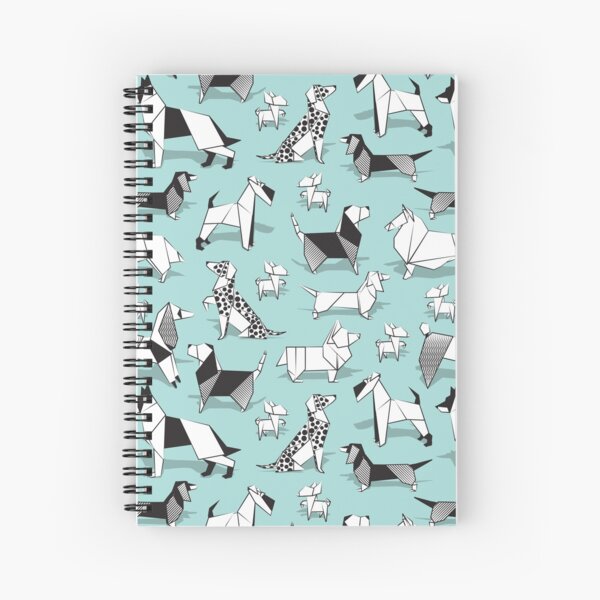 Origami doggie friends // aqua background paper Chihuahuas Dachshunds Corgis Beagles German Shepherds Collies Poodles Terriers Dalmatians Spiral Notebook