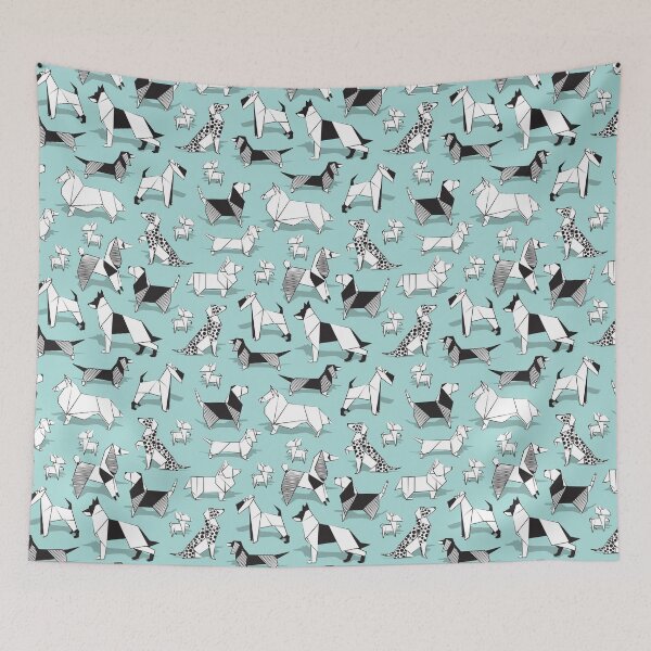 Item preview, Origami doggie friends // aqua background paper Chihuahuas Dachshunds Corgis Beagles German Shepherds Collies Poodles Terriers Dalmatians designed and sold by SelmaCardoso.