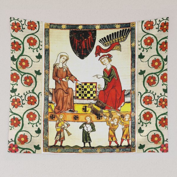Aperçu de l'œuvre JOUEURS D'ÉCHECS MÉDIÉVAUX EN COUR AVEC DES MUSICIENS ET DES ROSES SAUVAGES ROUGES créée et vendue par BulganLumini.