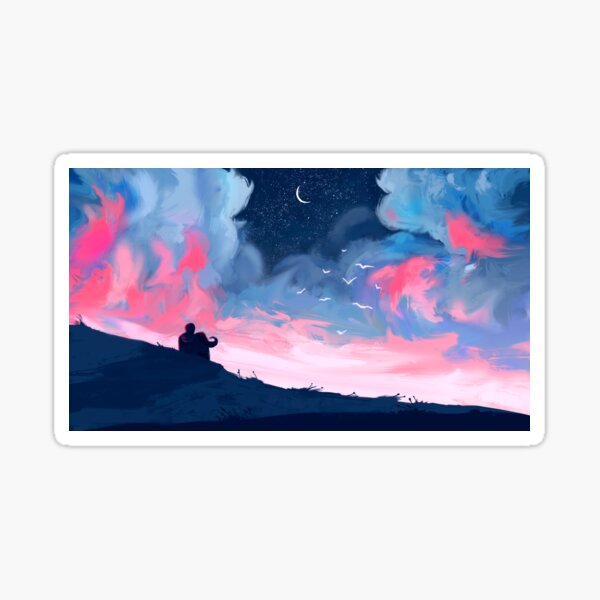 Loving couple looking at the pink sky. Couple sitting on a hill at night. Digital art Sticker