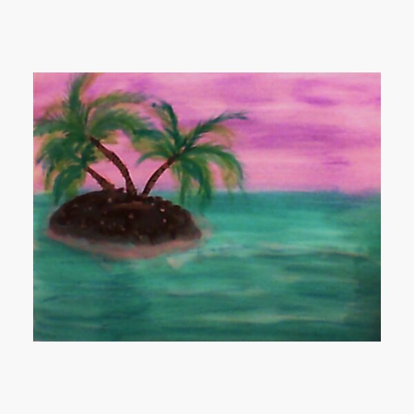 Tiny Island in the middle of the ocean,with palm trees, in watercolor Photographic Print