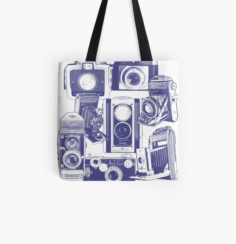 Vintage Camera Collage in Blue All Over Print Tote Bag