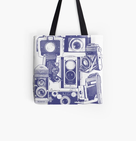 Vintage Camera Collage in Blue All Over Print Tote Bag