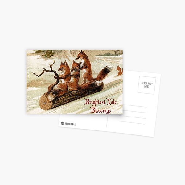 Victorian Sledding Foxes Solstice Greeting Postcard