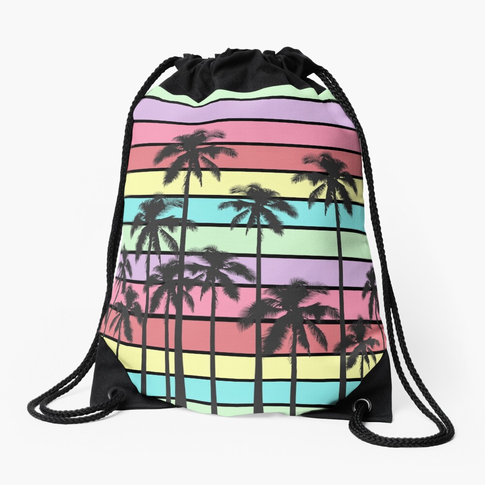 Colorful Summer Stripes with Tropical Palm Trees Drawstring Bag