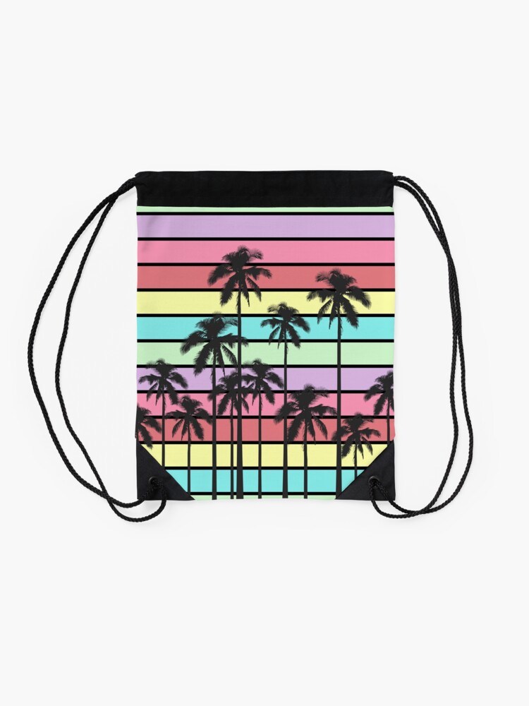 Alternate view of Colorful Summer Stripes with Tropical Palm Trees Drawstring Bag