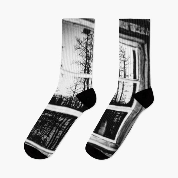 Item preview, Lumberjack Cabin Window // B W Grainy Reflection of the Sunset and Trees designed and sold by catbyrdcolorado.