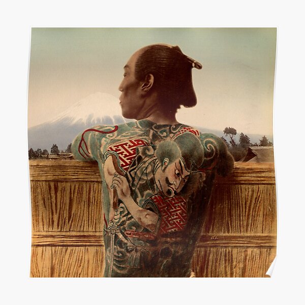 Tattooed Samurai with Mt Fuji Poster