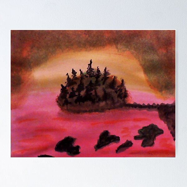 Item preview, Island of Pine Trees in sunset on Pink Ocean, watercolor designed and sold by Anna Lewis, blind artist.