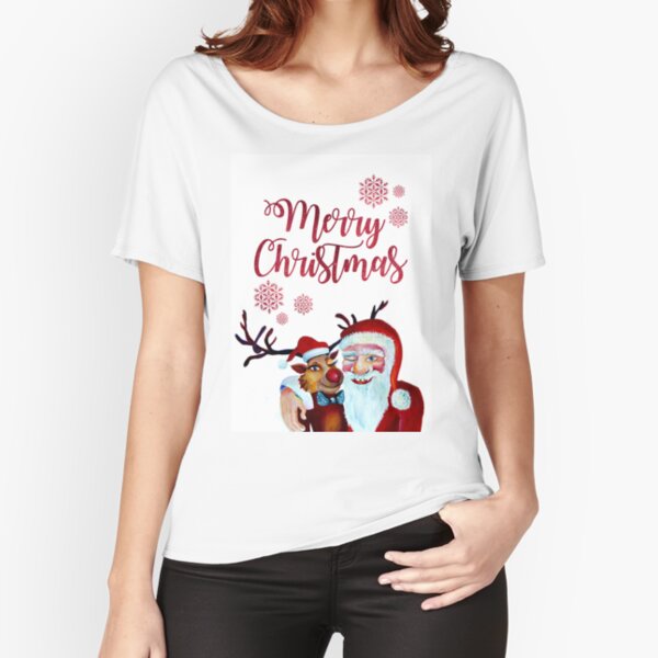 Watercolor Painting with Rudolf the Reindeer and Santa Claus in Funny Humorist Style Relaxed Fit T-Shirt