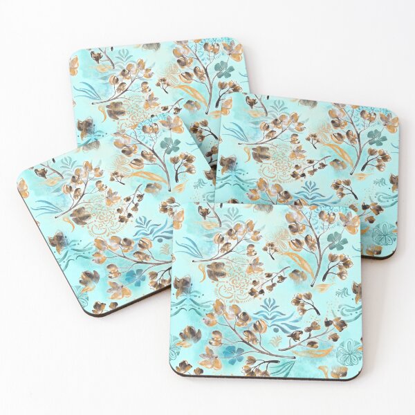 Item preview, Hand-painted watercolor loose floral boho chintz in gold, blue, brown and turquoise as a seamless surface pattern design designed and sold by Marlene Wagenhofer.