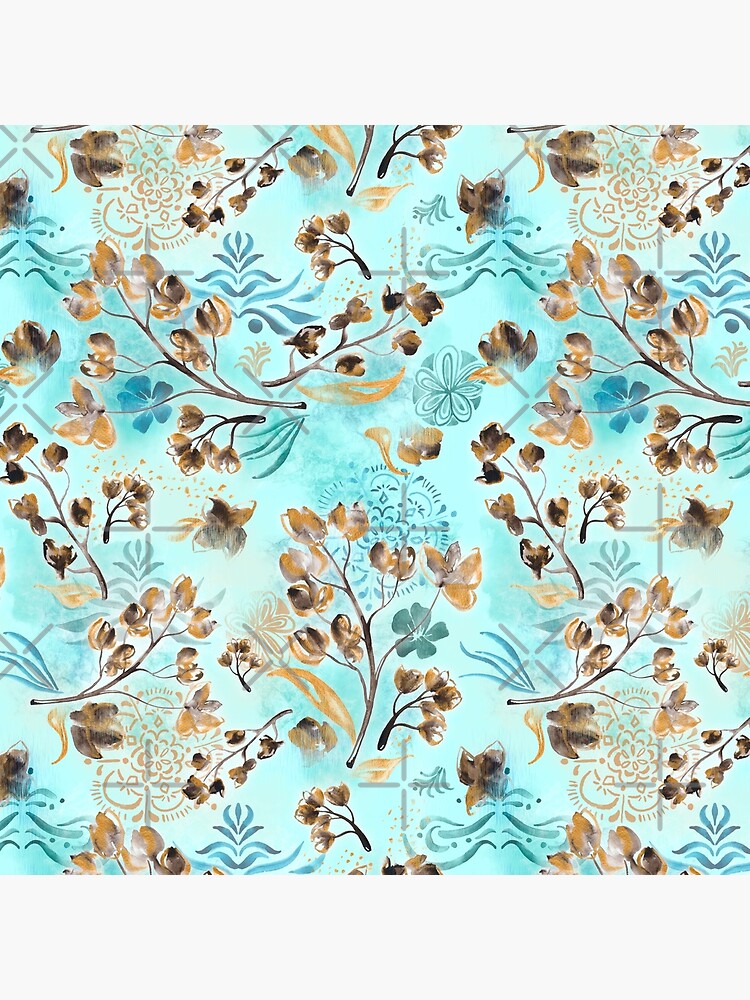 Hand-painted watercolor loose floral boho chintz in gold, blue, brown and turquoise as a seamless surface pattern design by nobelbunt