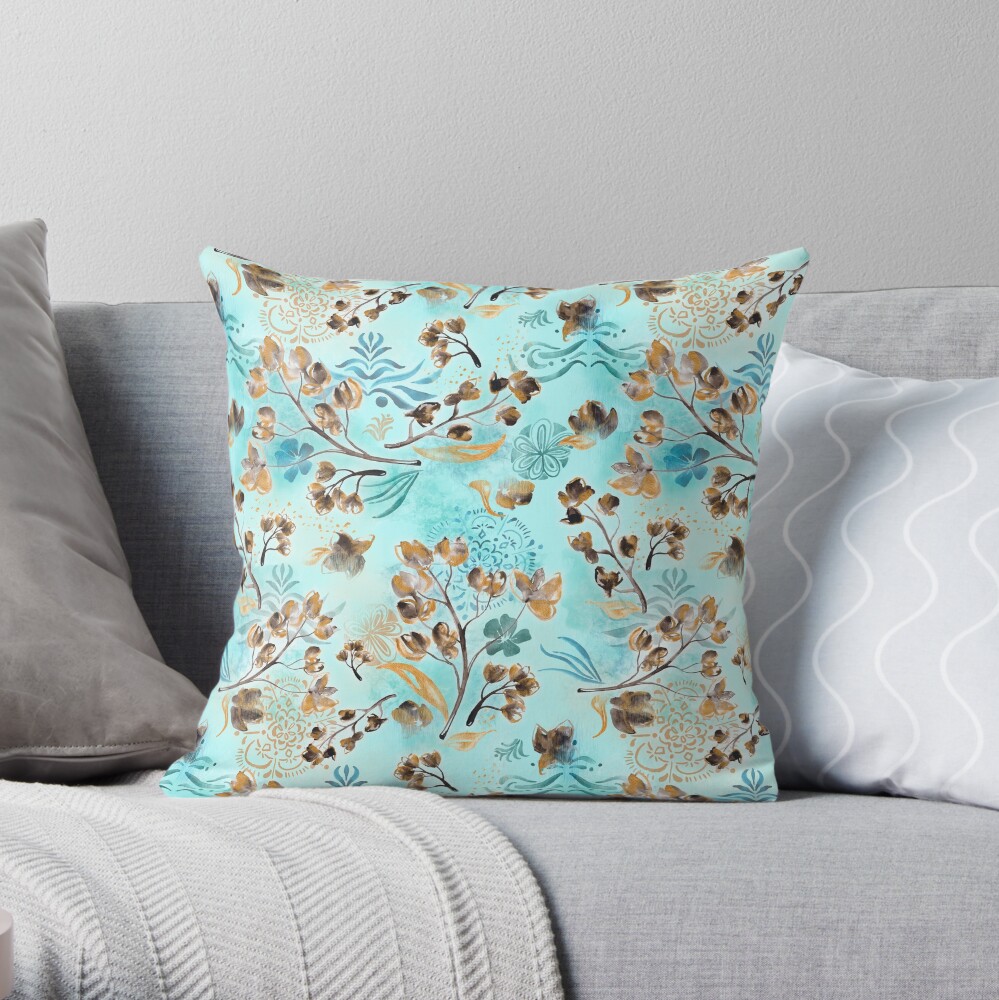 Hand-painted watercolor loose floral boho chintz in gold, blue, brown and turquoise as a seamless surface pattern design Throw Pillow