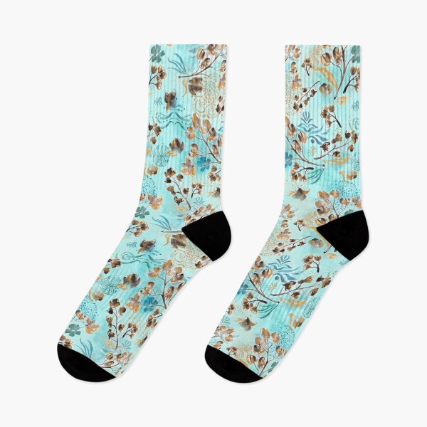 Item preview, Hand-painted watercolor loose floral boho chintz in gold, blue, brown and turquoise as a seamless surface pattern design designed and sold by Marlene Wagenhofer.