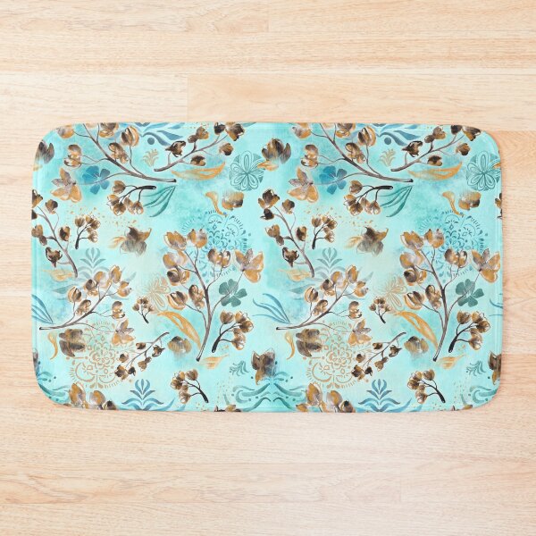 Item preview, Hand-painted watercolor loose floral boho chintz in gold, blue, brown and turquoise as a seamless surface pattern design designed and sold by Marlene Wagenhofer.