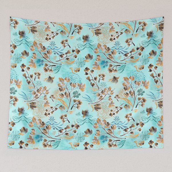 Item preview, Hand-painted watercolor loose floral boho chintz in gold, blue, brown and turquoise as a seamless surface pattern design designed and sold by Marlene Wagenhofer.