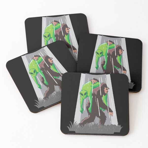 Bigfoot vs Alien - Funny Bigfoot Gifts - Alien Lover Gift - Cryptozoology Gifts - Science Fiction Gifts - Outer Space Gifts - Sasquatch Believe Coasters (Set of 4)