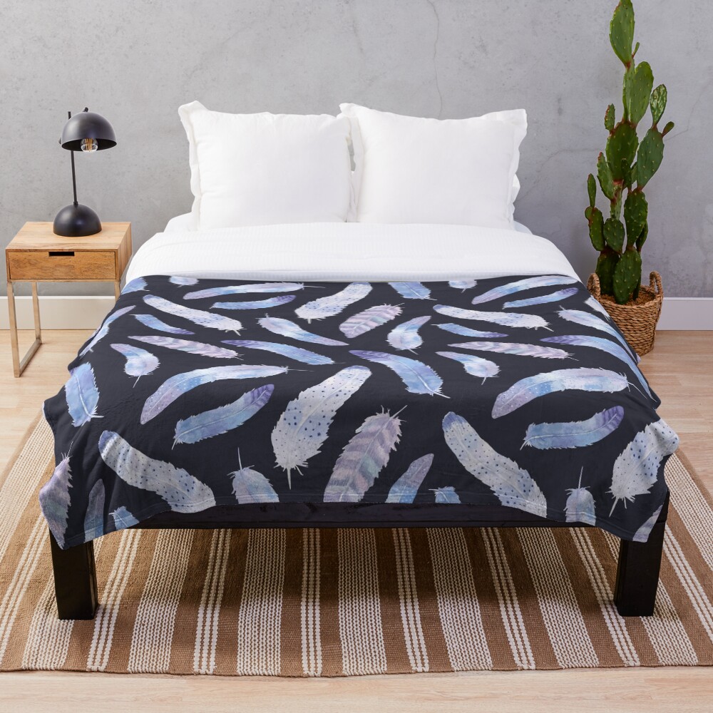 Purple and Navy Boho Feathers Throw Blanket