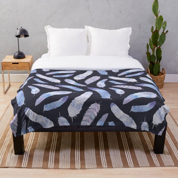 Purple and Navy Boho Feathers Throw Blanket