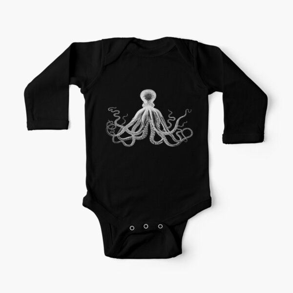 Octopus | Vintage Octopus | Tentacles | Sea Creatures | Nautical | Ocean | Sea | Beach | Black and White | Long Sleeve Baby One-Piece