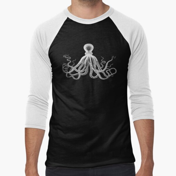 Octopus | Vintage Octopus | Tentacles | Sea Creatures | Nautical | Ocean | Sea | Beach | Black and White | Baseball ¾ Sleeve T-Shirt