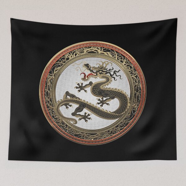 Item preview, Black and Gold Sacred Eastern Dragon over Medallion on Black Leather designed and sold by Serge Averbukh Art Studio.