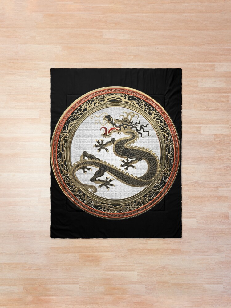 Black And Gold Sacred Eastern Dragon Over Medallion On Black