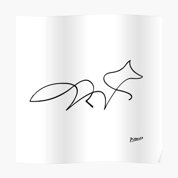 Pablo Picasso Line Art Wild Walking Fox Artwork Sketch black and white Hand Drawn ink Silhouette HD High Quality Poster
