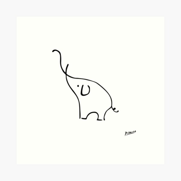 Pablo Picasso Line Art Cute Elephant Artwork Sketch black and white Hand Drawn ink Silhouette HD High Quality Art Print