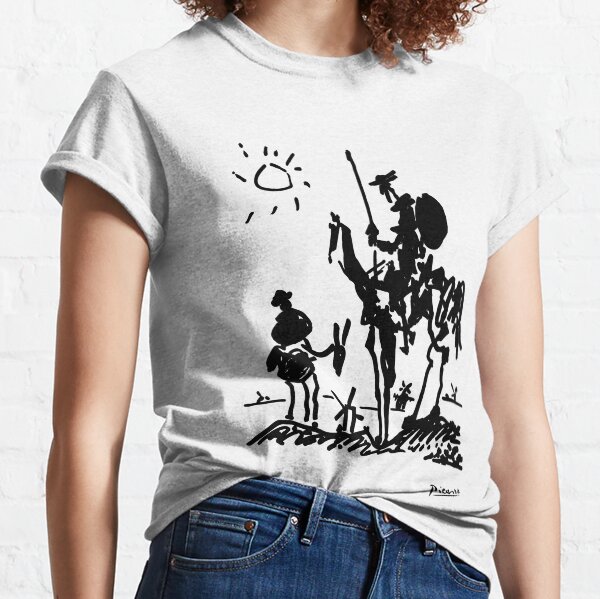 Pablo Picasso Line Art Don Quixote on Horse with sun Artwork Sketch black and white Hand Drawn ink Silhouette HD High Quality Classic T-Shirt