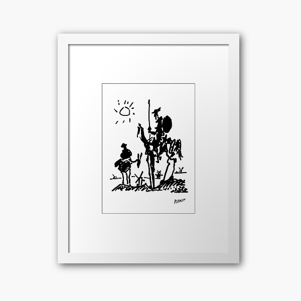 Pablo Picasso Line Art Don Quixote on Horse with sun Artwork Sketch black and white Hand Drawn ink Silhouette HD High Quality Framed Art Print