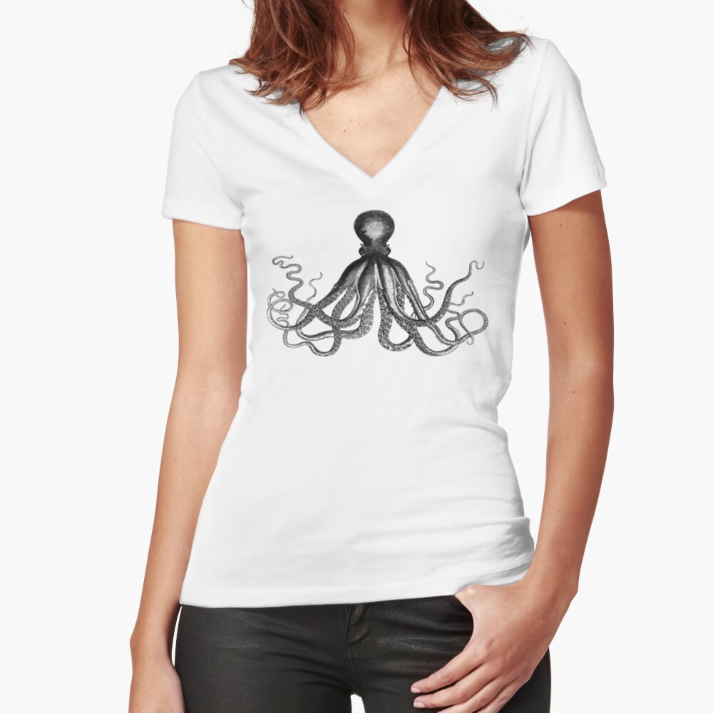Octopus | Vintage Octopus | Tentacles | Sea Creatures | Nautical | Ocean | Sea | Beach | Black and White | Fitted V-Neck T-Shirt