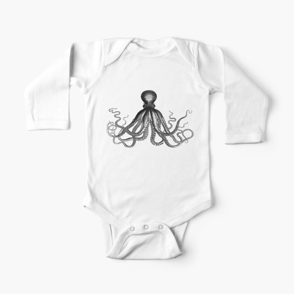Octopus | Vintage Octopus | Tentacles | Sea Creatures | Nautical | Ocean | Sea | Beach | Black and White | Long Sleeve Baby One-Piece
