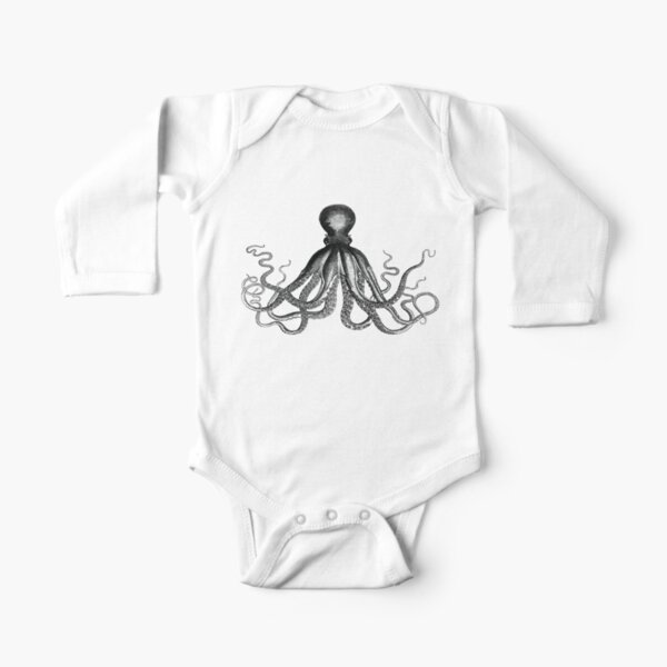Octopus | Vintage Octopus | Tentacles | Sea Creatures | Nautical | Ocean | Sea | Beach | Black and White |  Long Sleeve Baby One-Piece