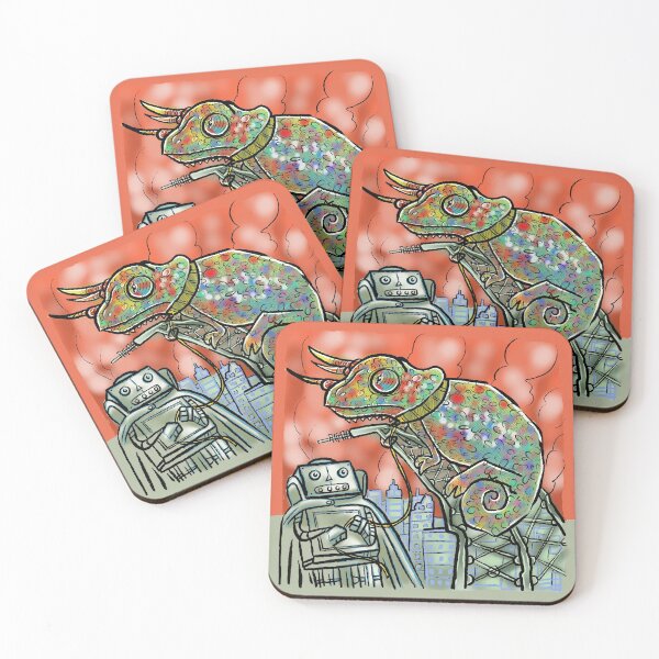 Item preview, Chameleon attacks robot city designed and sold by Gammaraybots.