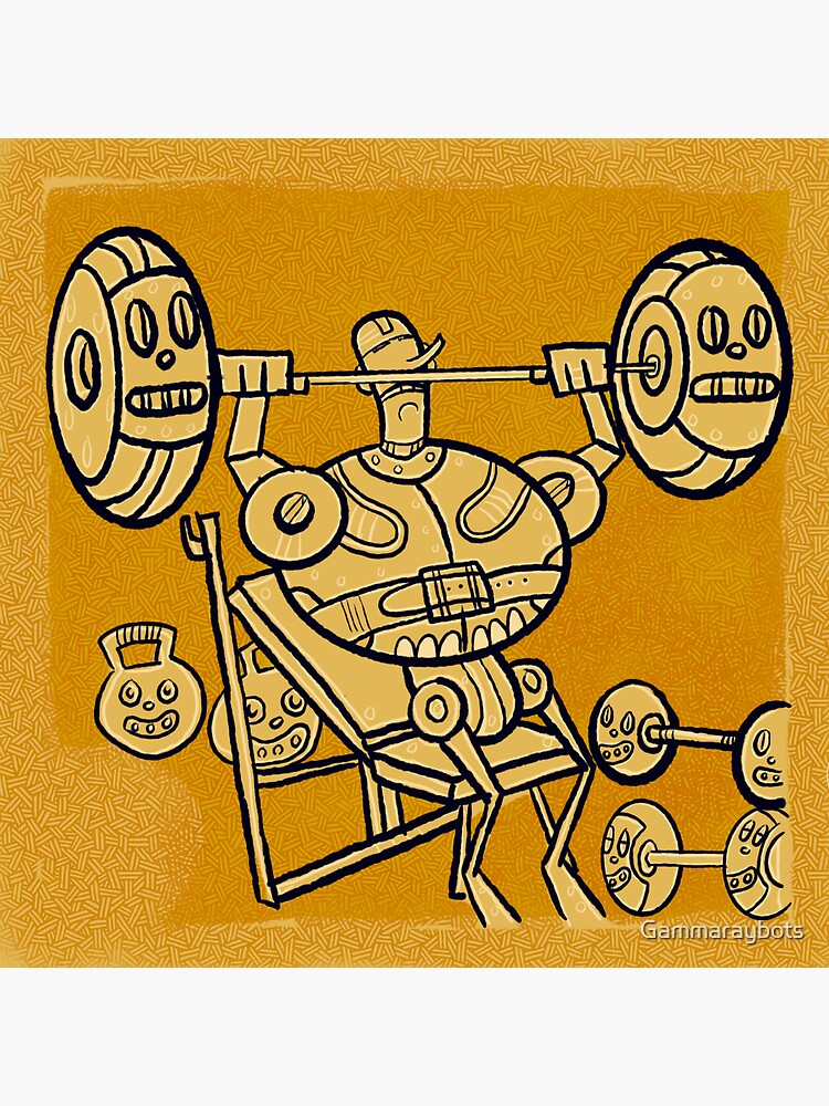 Robot Pumping Iron Sticker For Sale By Gammaraybots Redbubble
