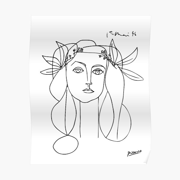 Pablo Picasso Line Art woman with flowers in hair Artwork Sketch black and white Hand Drawn ink Silhouette HD High Quality Poster