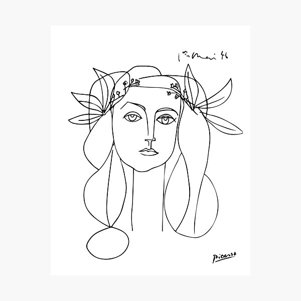 Pablo Picasso Line Art woman with flowers in hair Artwork Sketch black and white Hand Drawn ink Silhouette HD High Quality Photographic Print