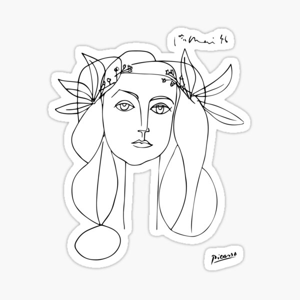 Pablo Picasso Line Art woman with flowers in hair Artwork Sketch black and white Hand Drawn ink Silhouette HD High Quality Sticker