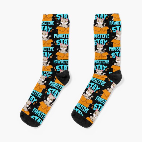 Cute & Funny Stay Pawsitive Kitty Cat Positive Pun Tile Pattern Socks