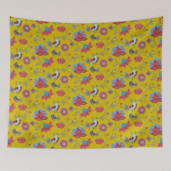 Item preview, Exotic chintz with bird - mustard yellow / multicolour designed and sold by kobyakov.