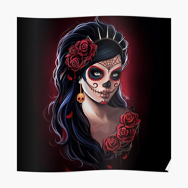 sugar skull floral girl day of the dead ( dia de los muertos) Poster