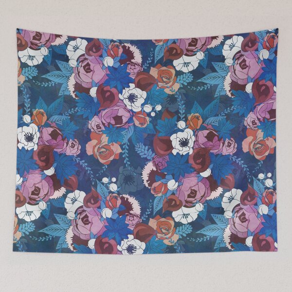 Item preview, Chintz Floral Bouquets // blue background blue succulents orange roses designed and sold by SelmaCardoso.