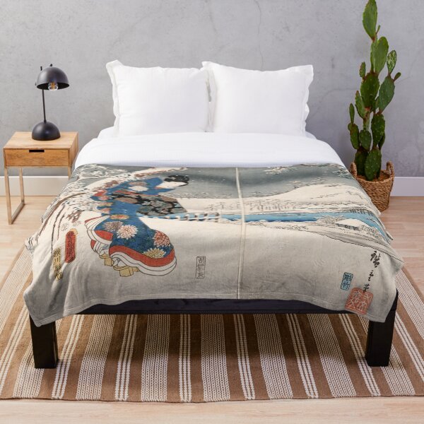 Japanese Vintage Kunisada Hiroshige Snowy Landscape Throw Blanket