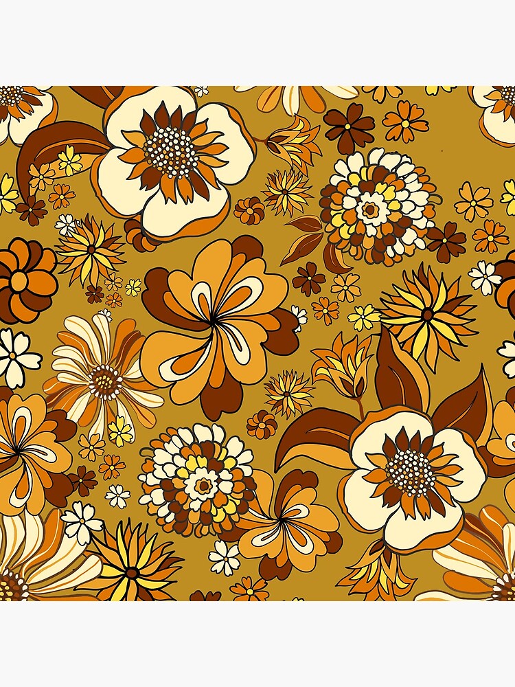 70er Jahre Vintage Flower Power Blumenmuster, Orange, Senf, Gelb Uhr
