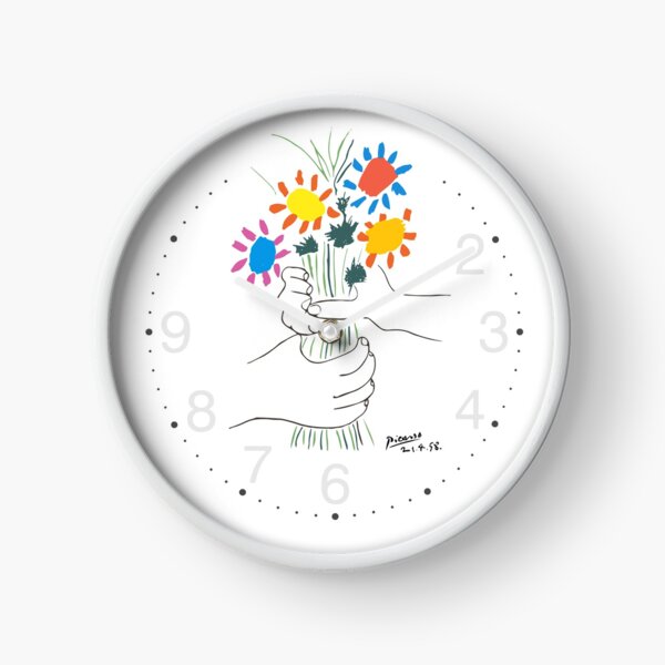 Pablo Picasso Line Art Hands Holding Colorful Flowers Naive Artwork Sketch Hand Drawn ink Silhouette HD High Quality Clock