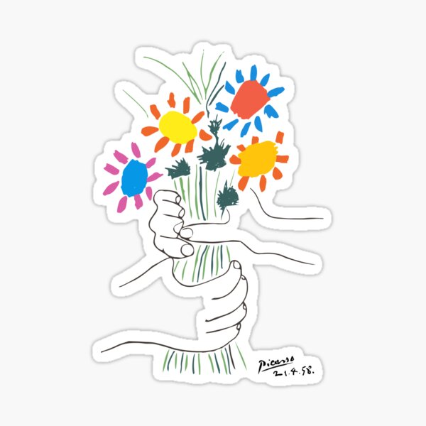 Pablo Picasso Line Art Hands Holding Colorful Flowers Naive Artwork Sketch Hand Drawn ink Silhouette HD High Quality Sticker