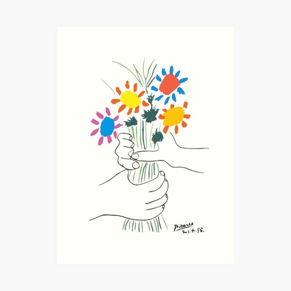 Pablo Picasso Line Art Hands Holding Colorful Flowers Naive Artwork Sketch Hand Drawn ink Silhouette HD High Quality Art Print