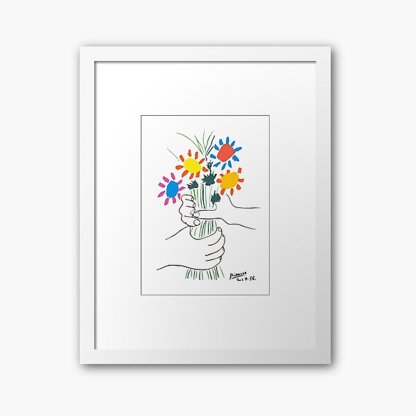 Pablo Picasso Line Art Hands Holding Colorful Flowers Naive Artwork Sketch Hand Drawn ink Silhouette HD High Quality Framed Art Print